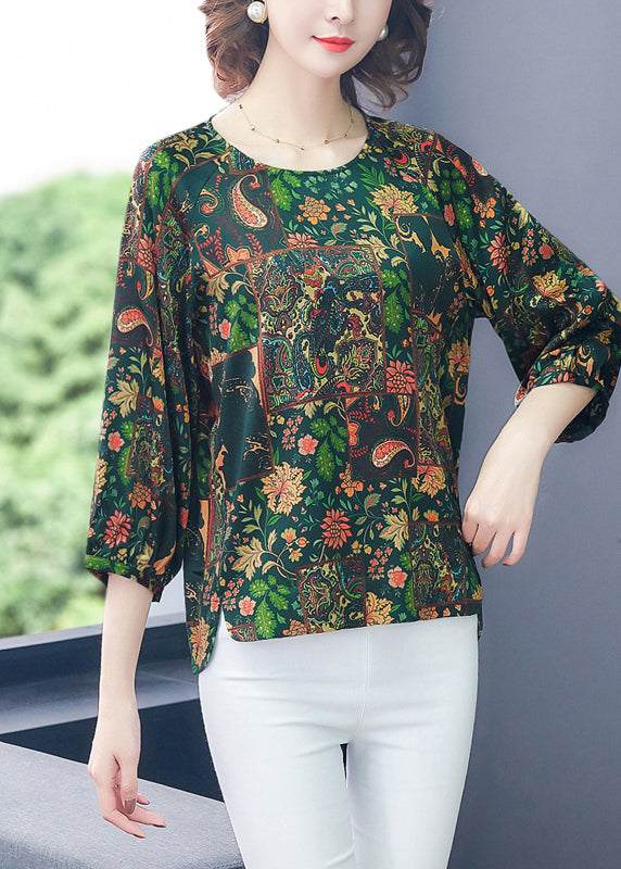 French Green O-Neck Oversized Print Silk Top Bracelet Sleeve LY0992 - fabuloryshop