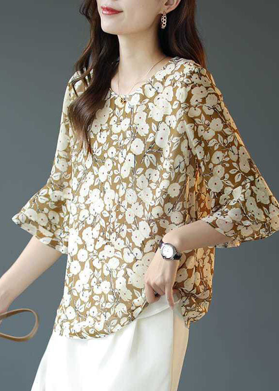 French Green O-Neck Print Chiffon Shirt Top Flare Sleeve LY0056 - fabuloryshop