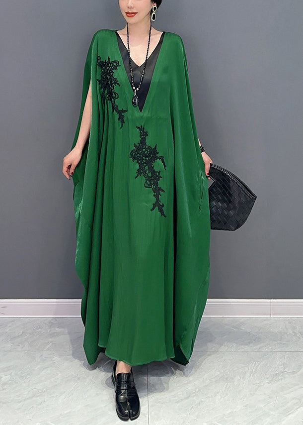 French Green Oversized Patchwork Silk Ankle Dress Batwing Sleeve LY0561