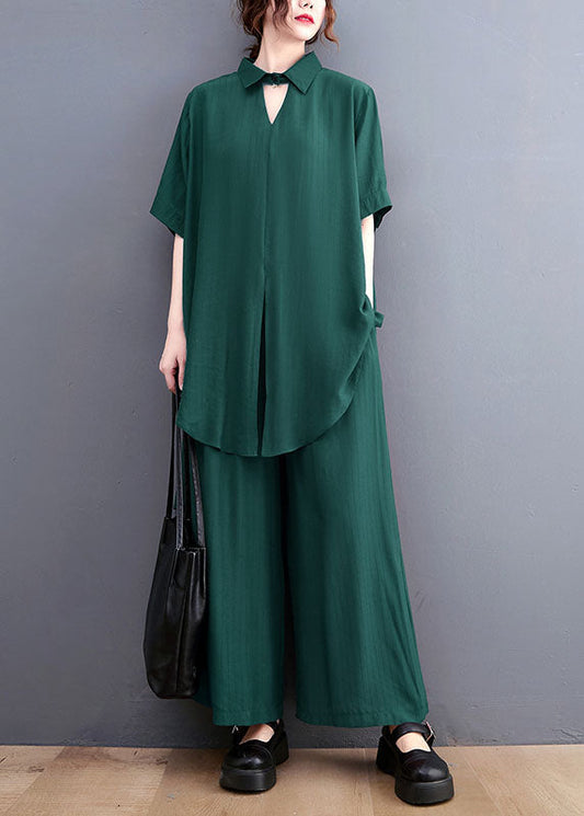 French Green Oversized Side Open Draping Silk Two Piece Set Women Clothing Summer LY1489 - fabuloryshop