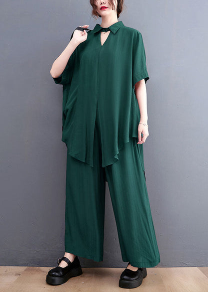 French Green Oversized Side Open Draping Silk Two Piece Set Women Clothing Summer LY1489 - fabuloryshop