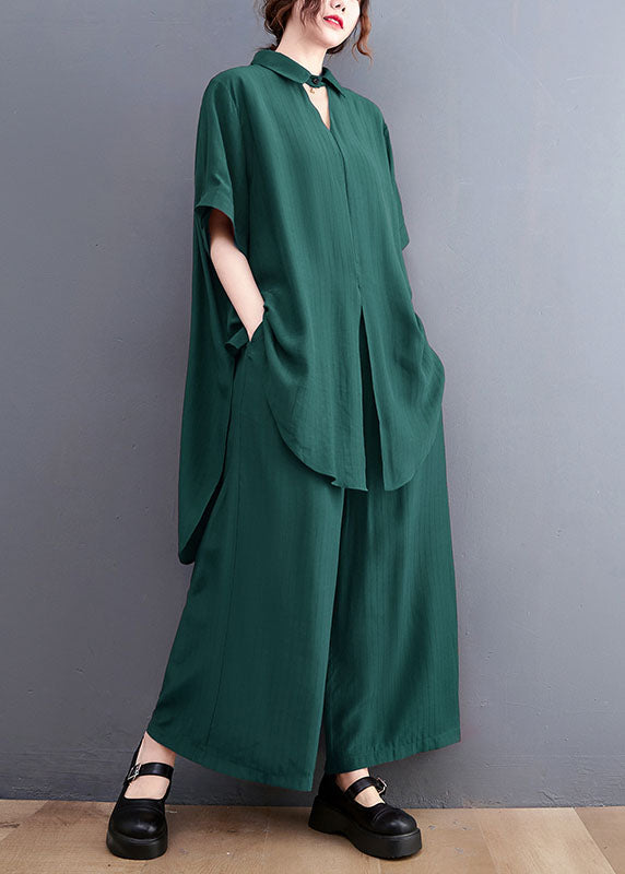 French Green Oversized Side Open Draping Silk Two Piece Set Women Clothing Summer LY1489 - fabuloryshop