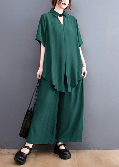 French Green Oversized Side Open Draping Silk Two Piece Set Women Clothing Summer LY1489 - fabuloryshop