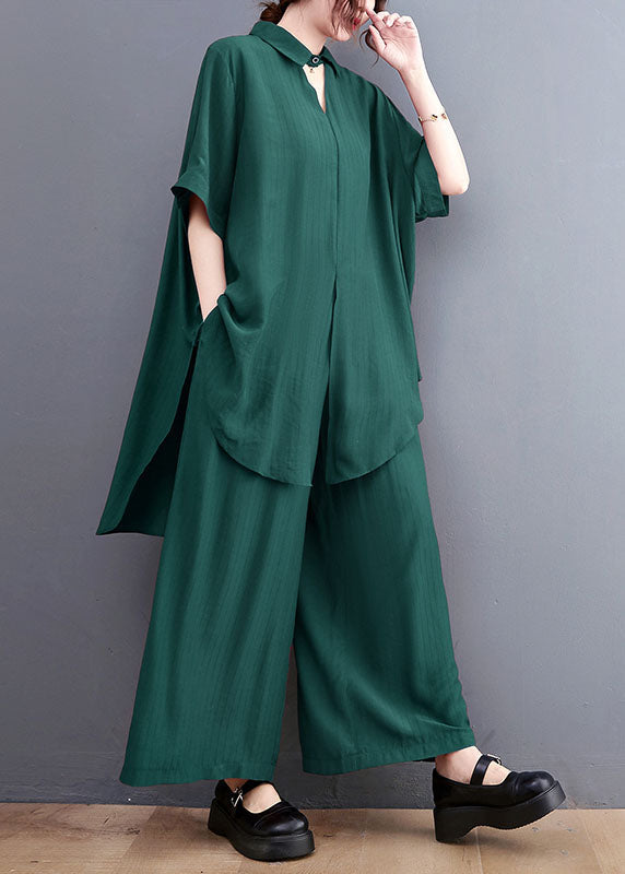 French Green Oversized Side Open Draping Silk Two Piece Set Women Clothing Summer LY1489 - fabuloryshop