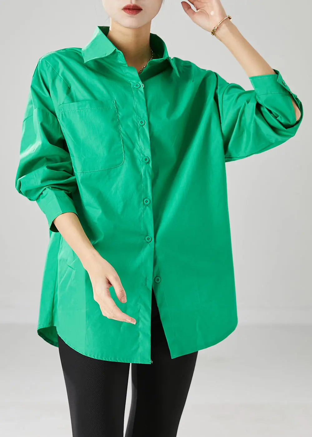 French Green Peter Pan Collar Oversized Cotton Shirts Fall Ada Fashion