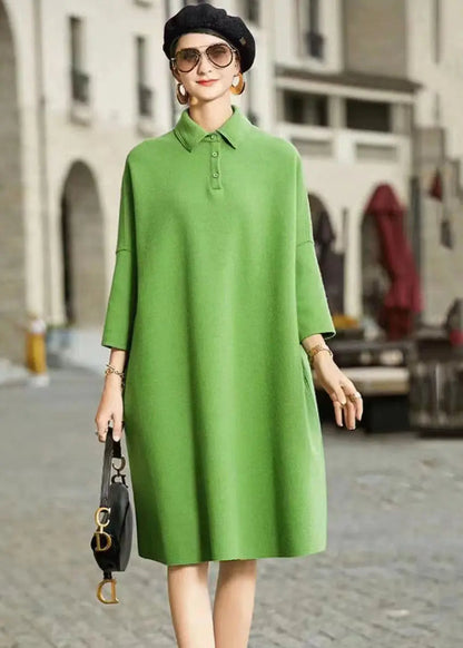 French Green Peter Pan Collar Patchwork Woolen Maxi Dress Long Sleeve Ada Fashion