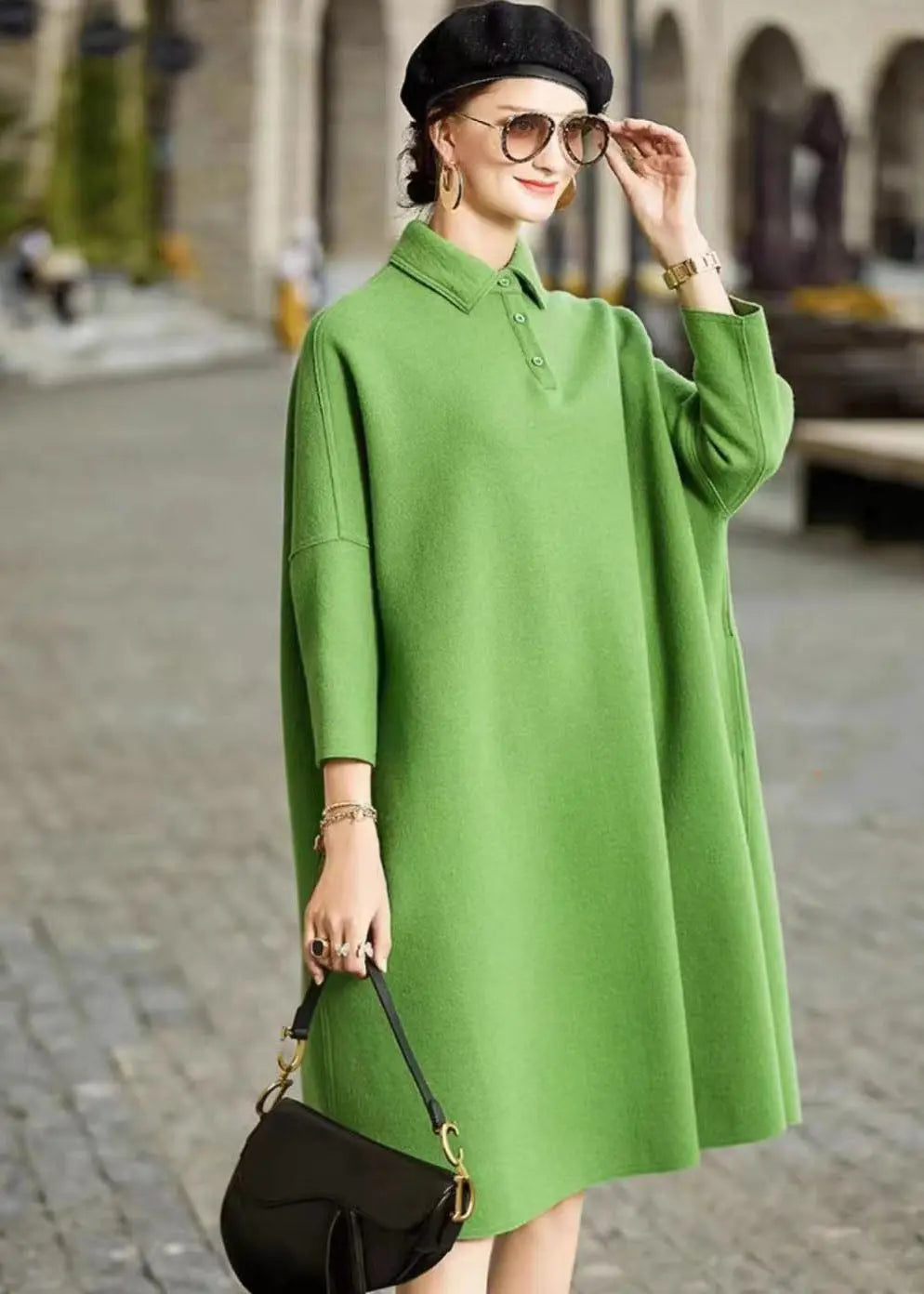 French Green Peter Pan Collar Patchwork Woolen Maxi Dress Long Sleeve Ada Fashion