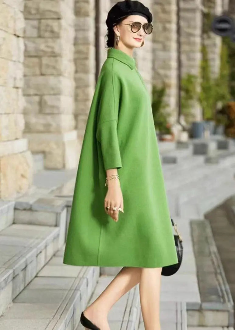 French Green Peter Pan Collar Patchwork Woolen Maxi Dress Long Sleeve Ada Fashion