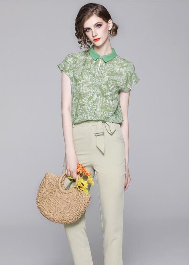 French Green Peter Pan Collar Print Chiffon Two Pieces Set Summer LY0097 - fabuloryshop