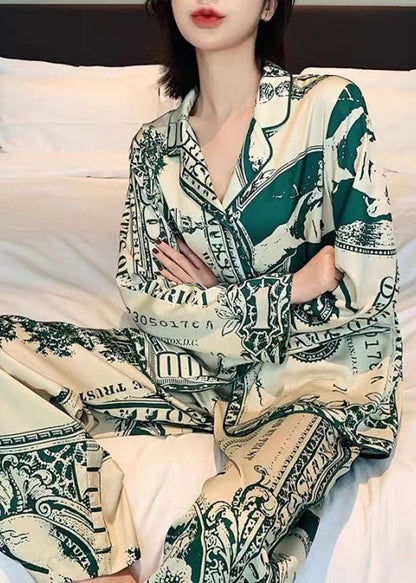 French Green Peter Pan Collar Print Ice Silk Two Pieces Set Pajamas Spring LY2813 - fabuloryshop