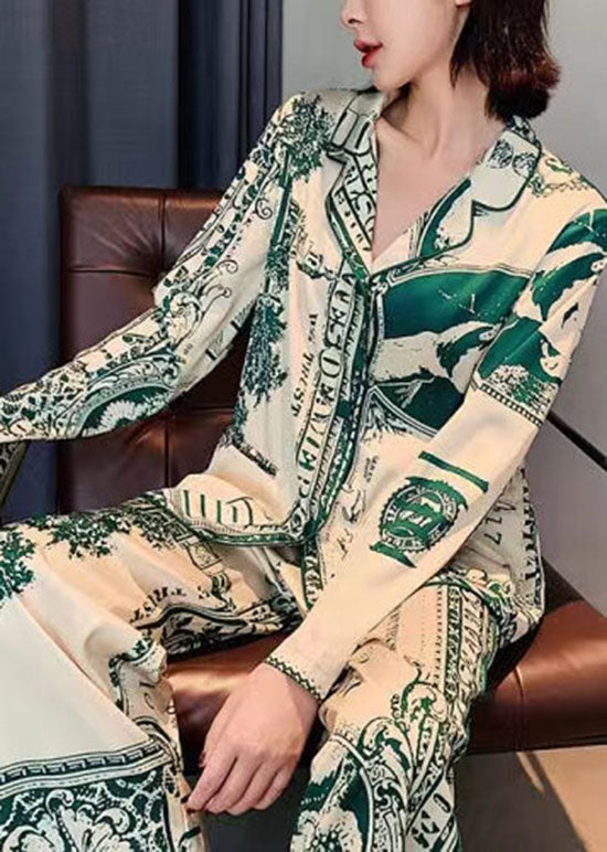 French Green Peter Pan Collar Print Ice Silk Two Pieces Set Pajamas Spring LY2813 - fabuloryshop