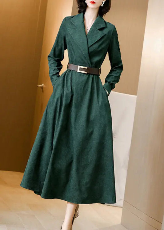 French Green Peter Pan Collar Tie Waist Patchwork Corduroy Long Dresses Fall Ada Fashion