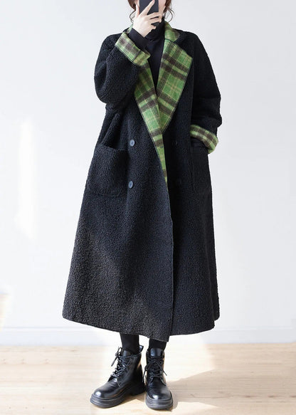 French Green Plaid Notched Wear On Both Sides Warm Fleece Faux Fur Trench Coats Long Sleeve Ada Fashion