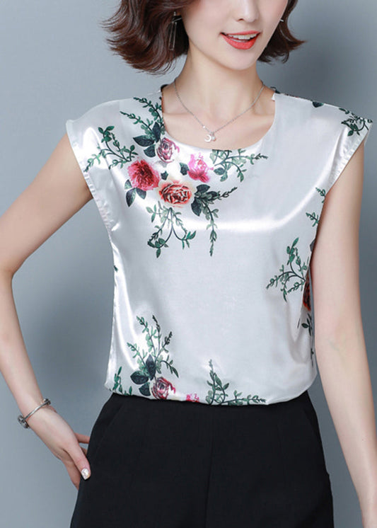 French Green Print O-Neck Silk Shirt Tops Short Sleeve LY0460 - fabuloryshop