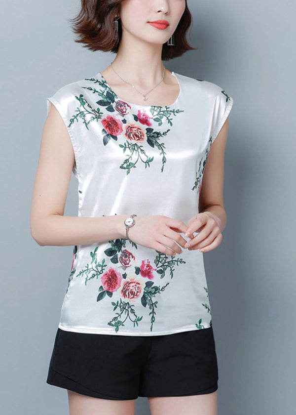 French Green Print O-Neck Silk Shirt Tops Short Sleeve LY0460