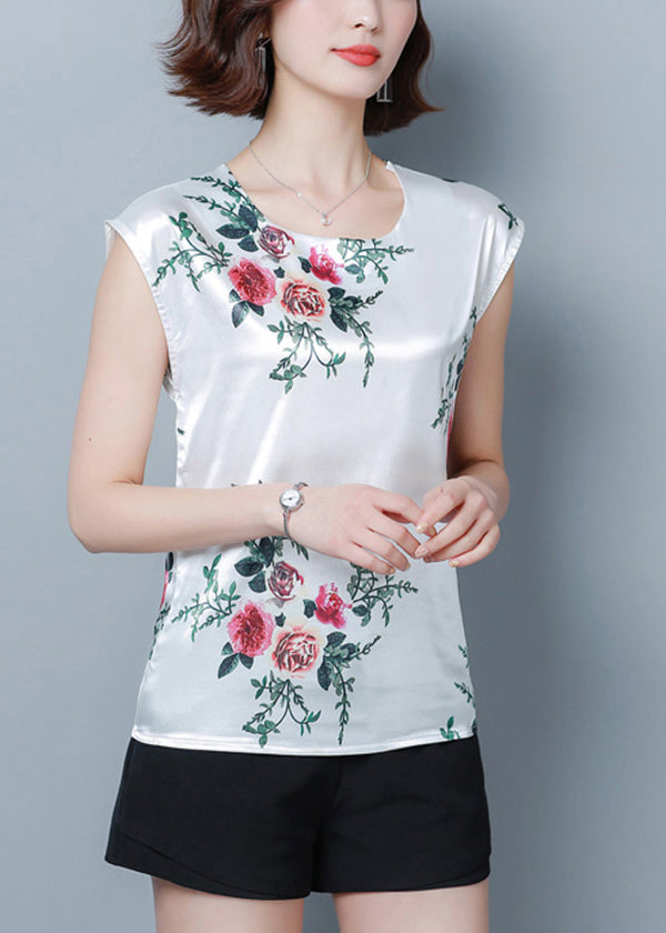 French Green Print O-Neck Silk Shirt Tops Short Sleeve LY0460 - fabuloryshop