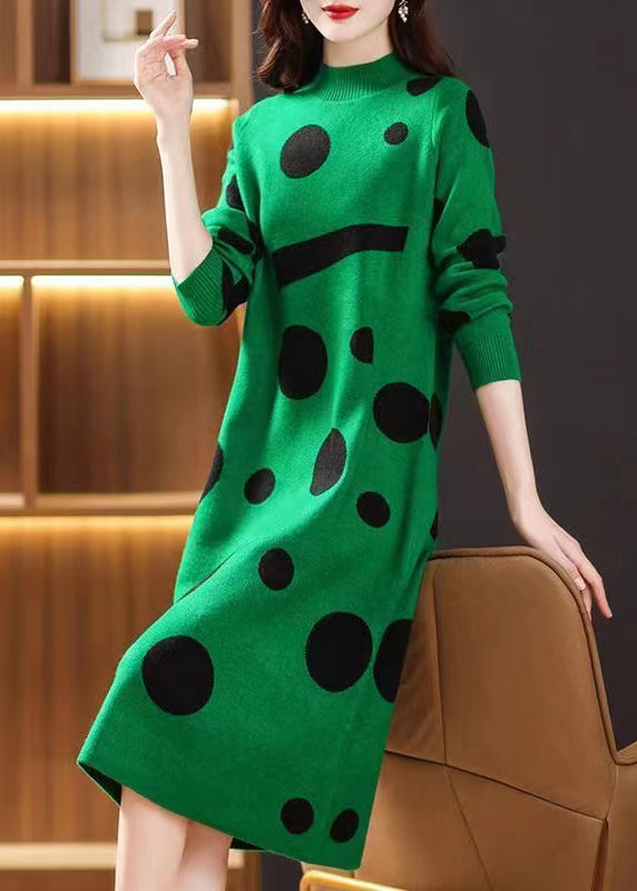 French Green Stand Collar Print Patchwork Woolen Dress Fall Ada Fashion