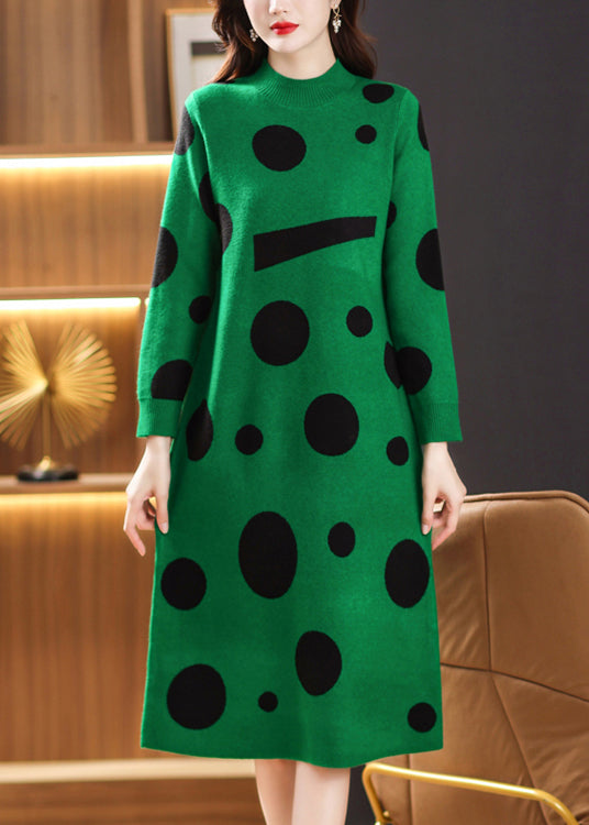 French Green Stand Collar Print Patchwork Woolen Dress Fall Ada Fashion