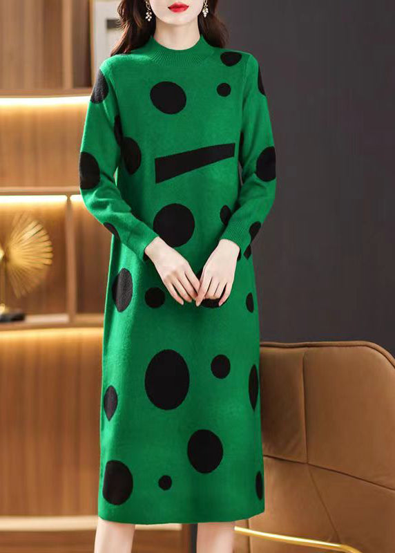 French Green Stand Collar Print Patchwork Woolen Dress Fall Ada Fashion