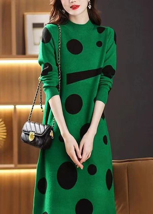 French Green Stand Collar Print Patchwork Woolen Dress Fall Ada Fashion