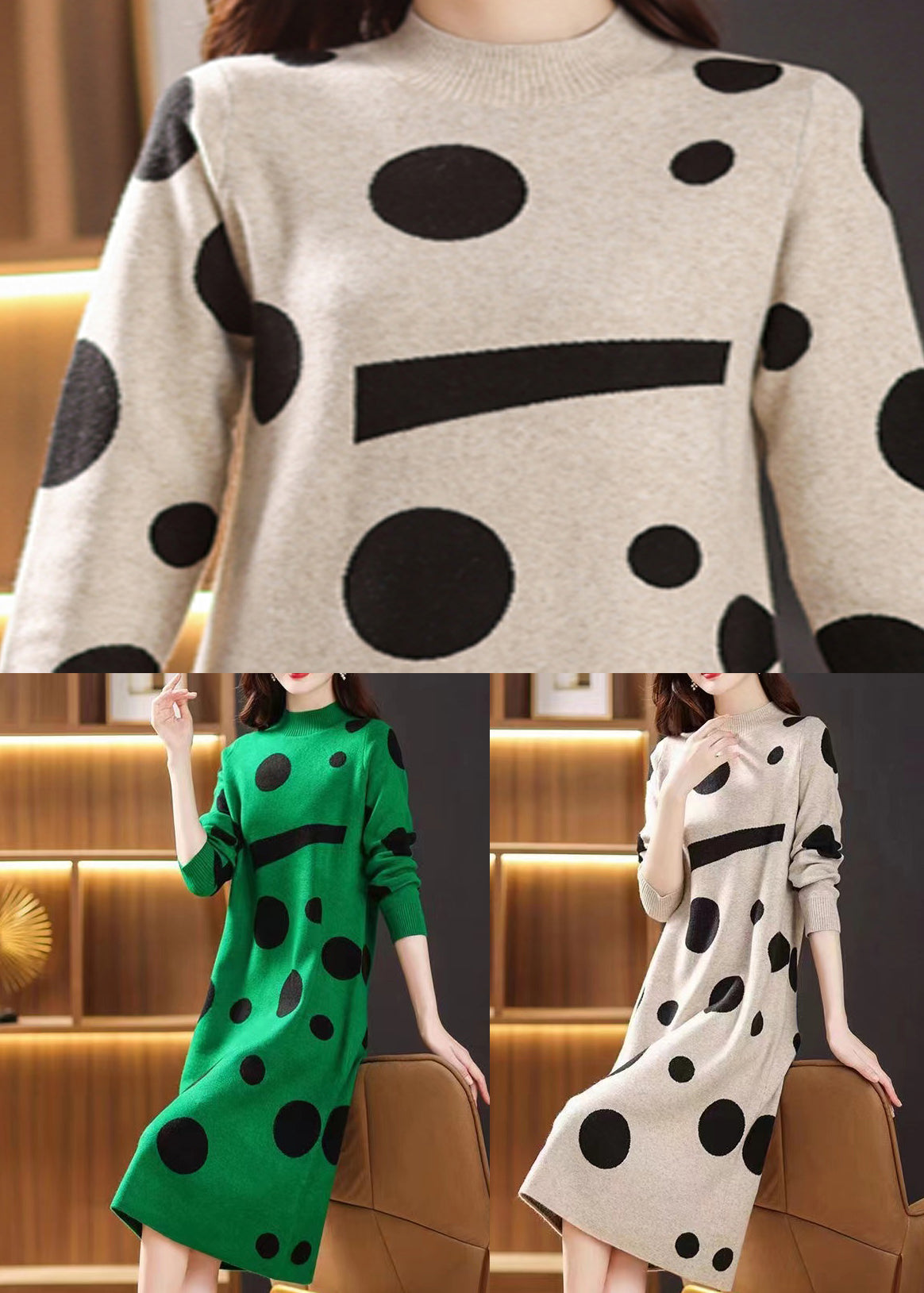 French Green Stand Collar Print Patchwork Woolen Dress Fall Ada Fashion