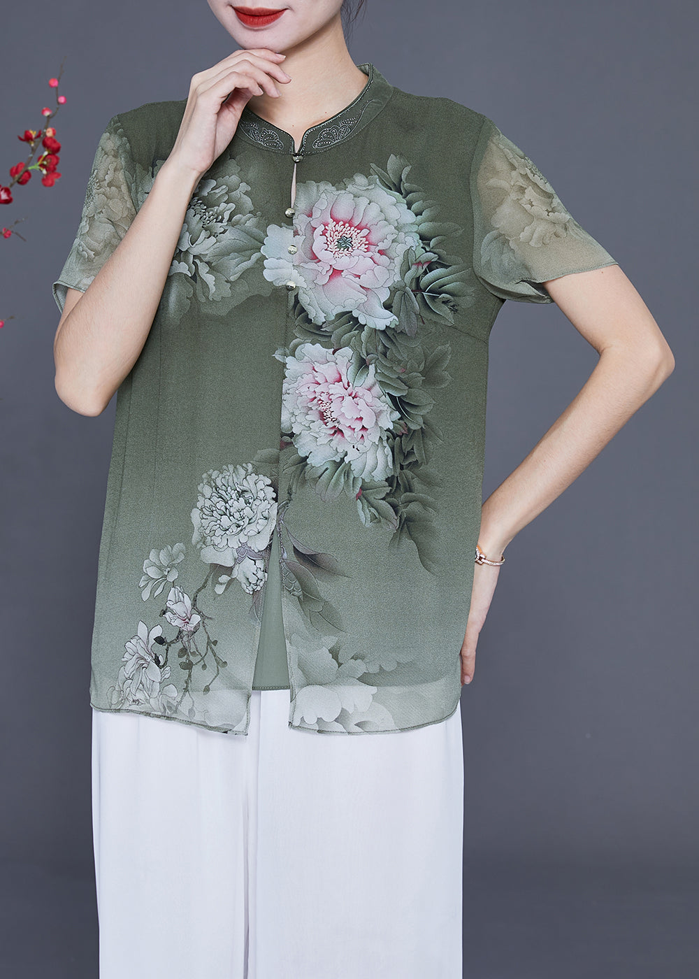 French Green V Neck Patchwork Print Chiffon Shirt Top Summer LY2340 - fabuloryshop