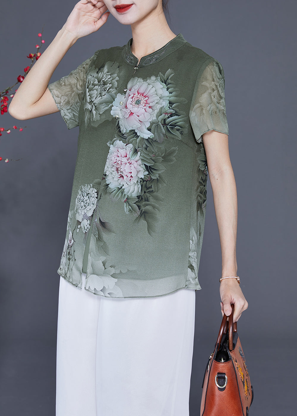 French Green V Neck Patchwork Print Chiffon Shirt Top Summer LY2340 - fabuloryshop