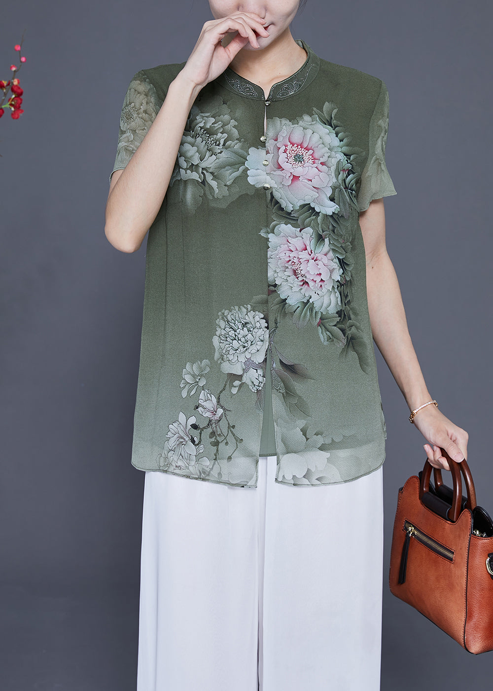 French Green V Neck Patchwork Print Chiffon Shirt Top Summer LY2340 - fabuloryshop