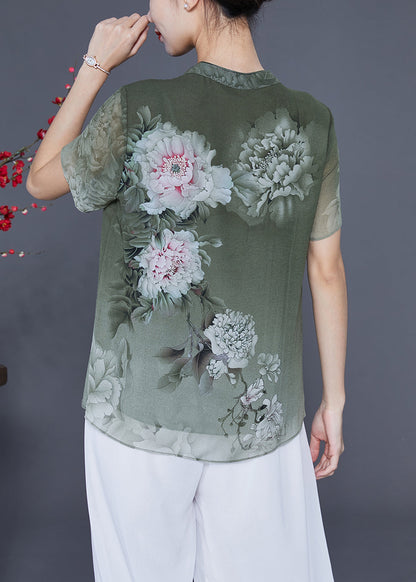 French Green V Neck Patchwork Print Chiffon Shirt Top Summer LY2340 - fabuloryshop