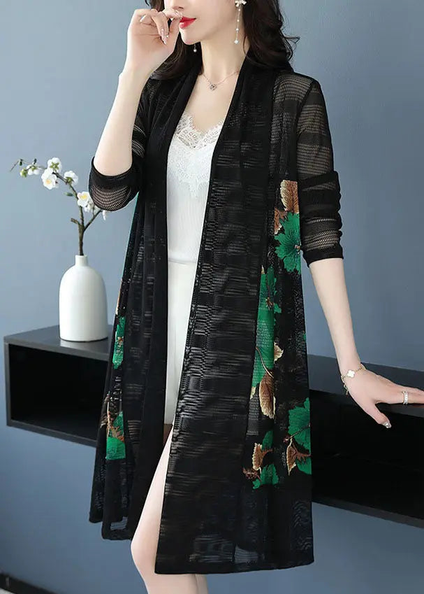 French Green V Neck Print Hollow Out Long Ice Size Knit Cardigan Long Sleeve Ada Fashion