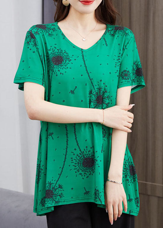 French Green V Neck Print Patchwork Cotton T Shirt Top Summer Ada Fashion