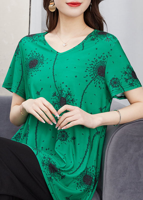 French Green V Neck Print Patchwork Cotton T Shirt Top Summer Ada Fashion