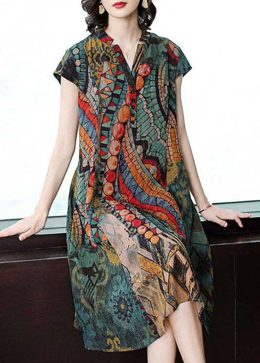 French Green V Neck Print Patchwork Silk Dress Summer TF1017 - fabuloryshop