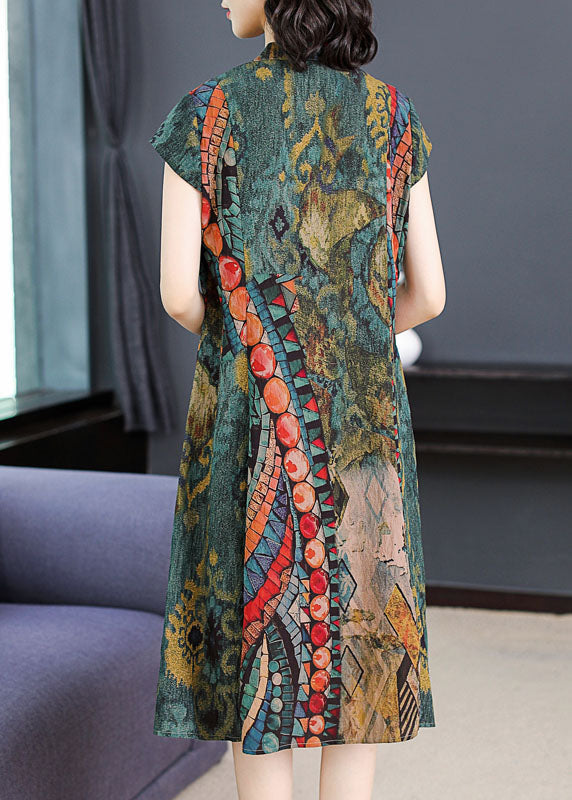 French Green V Neck Print Patchwork Silk Dress Summer TF1017 - fabuloryshop