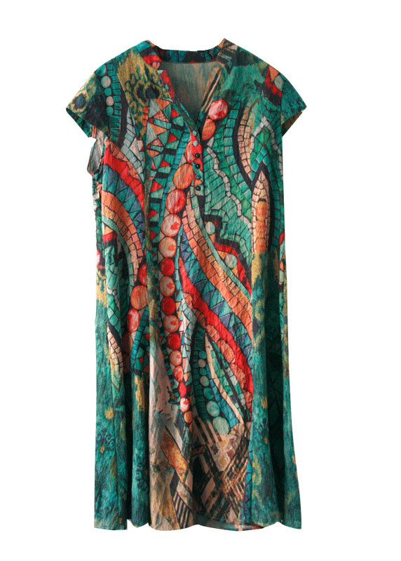 French Green V Neck Print Patchwork Silk Dress Summer TF1017 - fabuloryshop