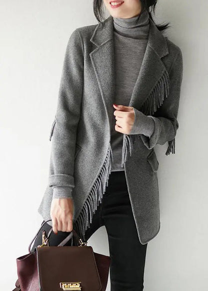 French Grey Notched Tassel Solid Woolen Blend Coat Fall Ada Fashion