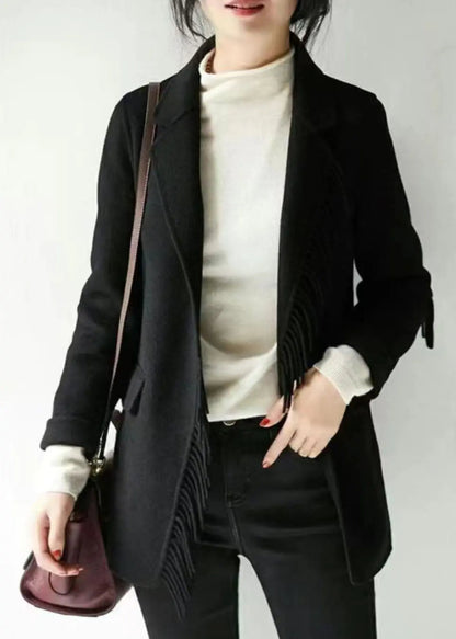 French Grey Notched Tassel Solid Woolen Blend Coat Fall Ada Fashion