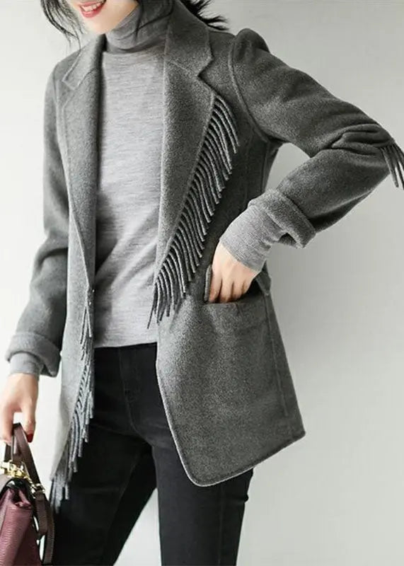 French Grey Notched Tassel Solid Woolen Blend Coat Fall Ada Fashion