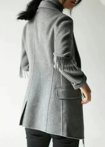 French Grey Notched Tassel Solid Woolen Blend Coat Fall Ada Fashion