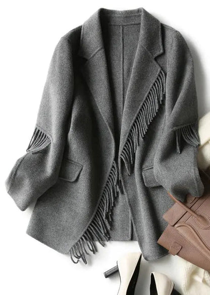 French Grey Notched Tassel Solid Woolen Blend Coat Fall Ada Fashion