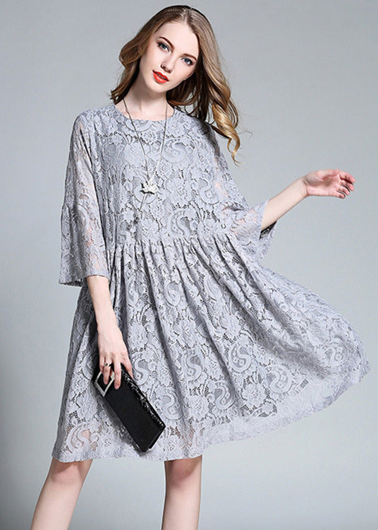 French Grey O-Neck Hollow Out Lace Mid Dress Bracelet Sleeve LY0297 - fabuloryshop