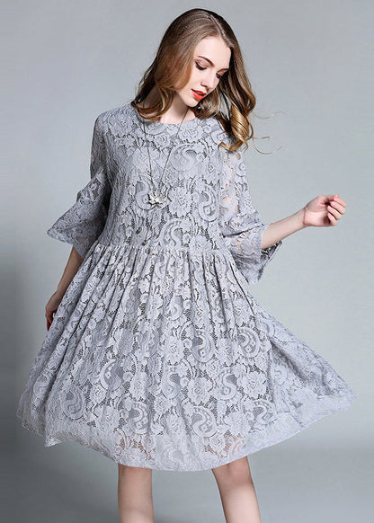 French Grey O-Neck Hollow Out Lace Mid Dress Bracelet Sleeve LY0297 - fabuloryshop