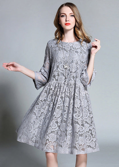 French Grey O-Neck Hollow Out Lace Mid Dress Bracelet Sleeve LY0297 - fabuloryshop