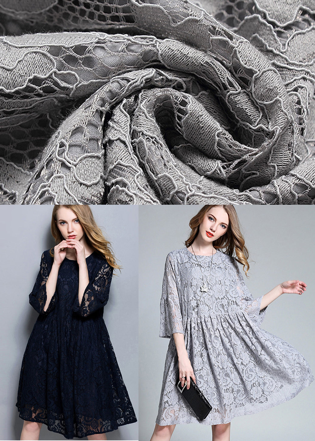 French Grey O-Neck Hollow Out Lace Mid Dress Bracelet Sleeve LY0297 - fabuloryshop