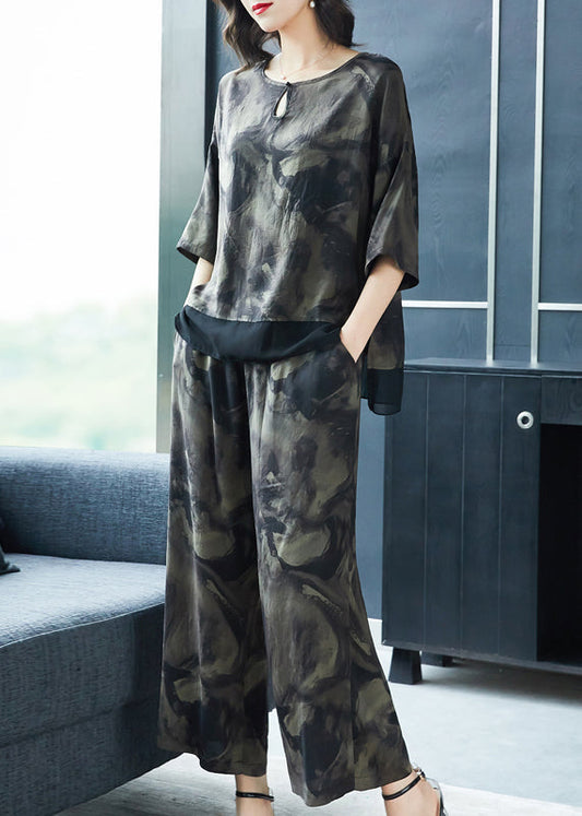 French Grey O-Neck Print Tops And Pants Silk Two Pieces Set Summer TF1031 - fabuloryshop