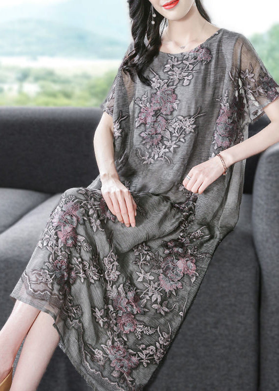 French Grey Oversized Embroideried Silk Dress AC3061 - fabuloryshop