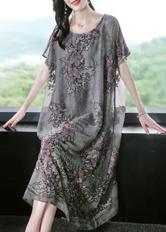 French Grey Oversized Embroideried Silk Dress AC3061 - fabuloryshop