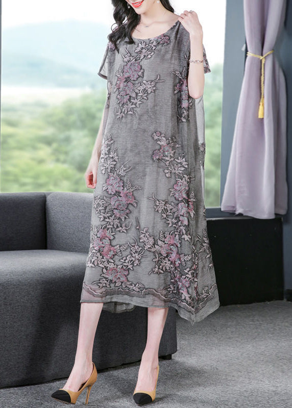 French Grey Oversized Embroideried Silk Dress Summer LY0688 - fabuloryshop