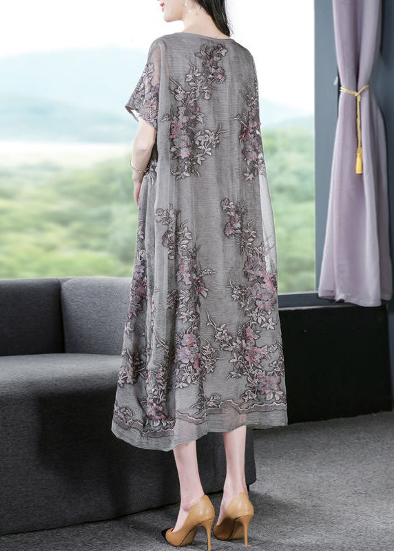 French Grey Oversized Embroideried Silk Dress AC3061 - fabuloryshop