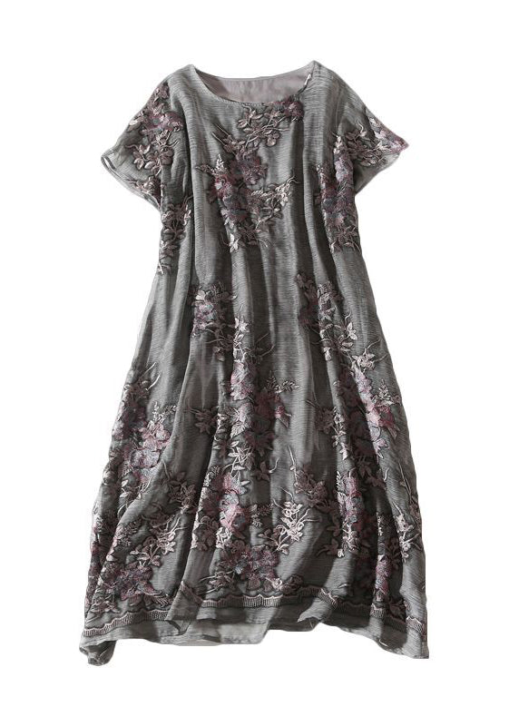French Grey Oversized Embroideried Silk Dress AC3061 - fabuloryshop